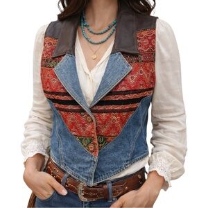 Robert Comstock Vintage Tapestry Leather Denim Western Vest Women’s Size 6 Rare